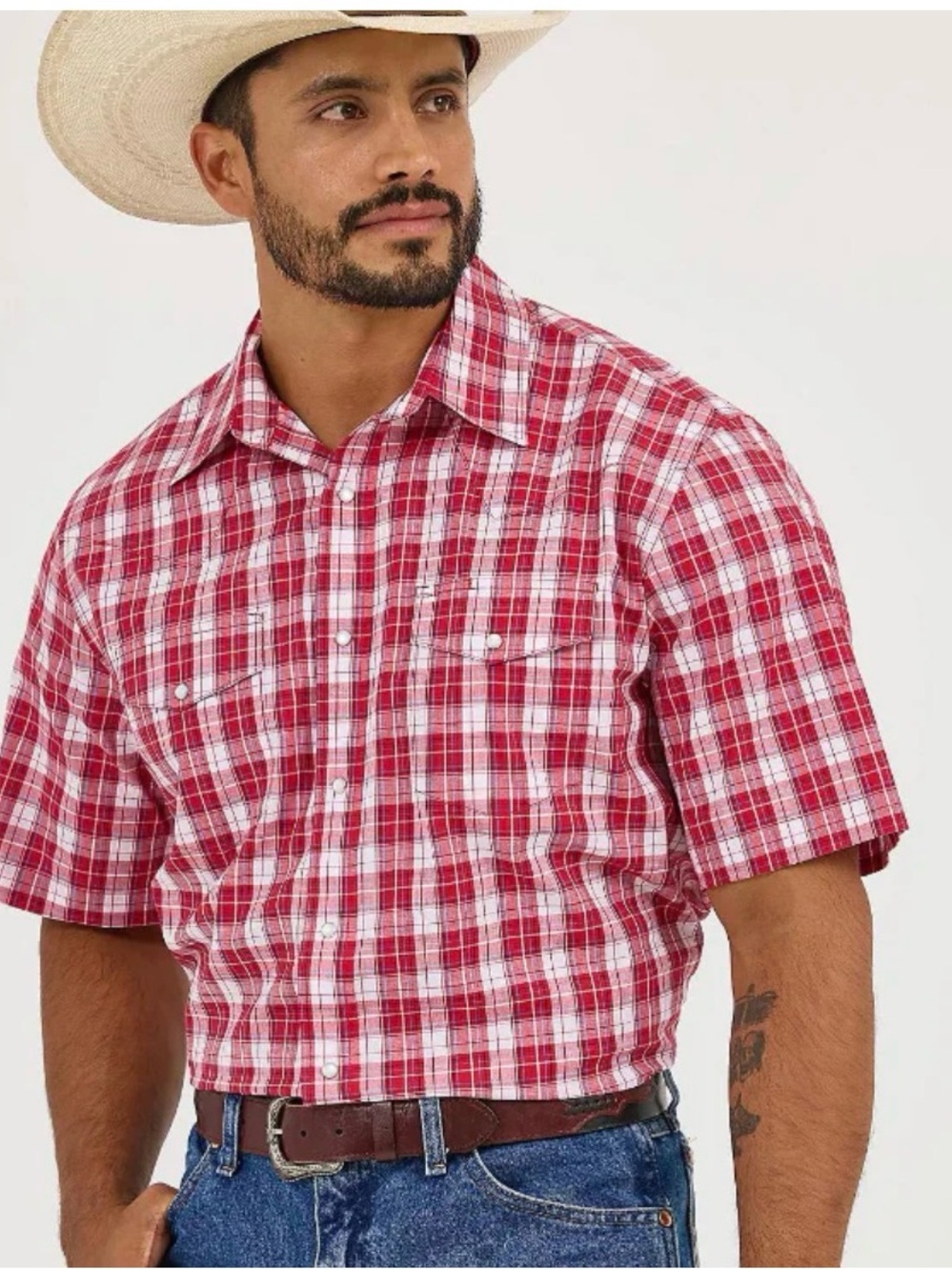 Wrangler Red, White and blue Plaid Short-Sleeve Button-Down Shirt